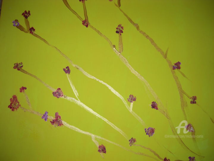 Картина под названием "Purple Orchids on G…" - Michela Curtis, Подлинное произведение искусства, Масло