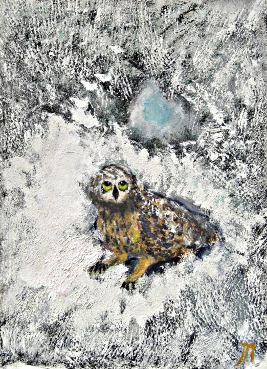 Peinture intitulée "Owl On A Snowy Afte…" par Michela Curtis, Œuvre d'art originale, Acrylique Monté sur Autre panneau rigide