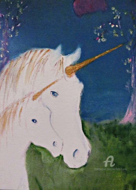 Ζωγραφική με τίτλο "Amid The Unicorns" από Michela Curtis, Αυθεντικά έργα τέχνης, Ακρυλικό