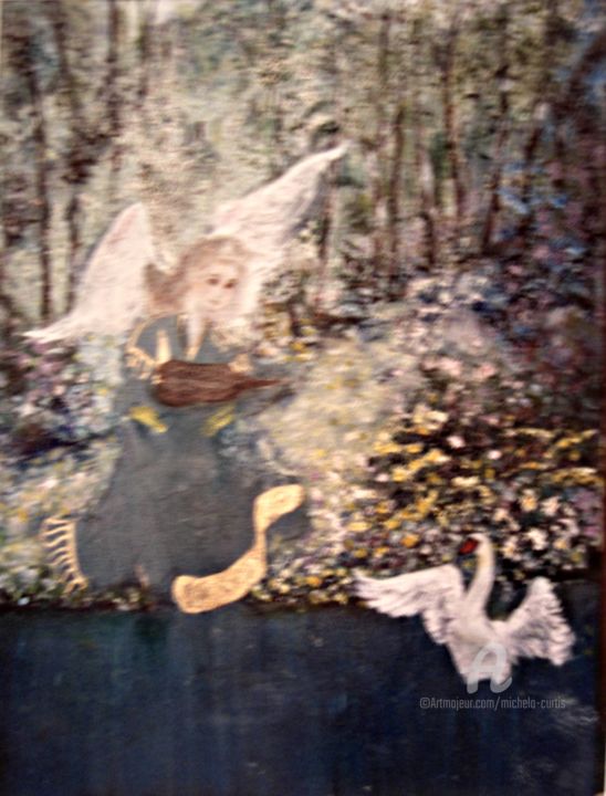 Painting titled "An Angel and A Swan" by Michela Curtis, Original Artwork, Oil