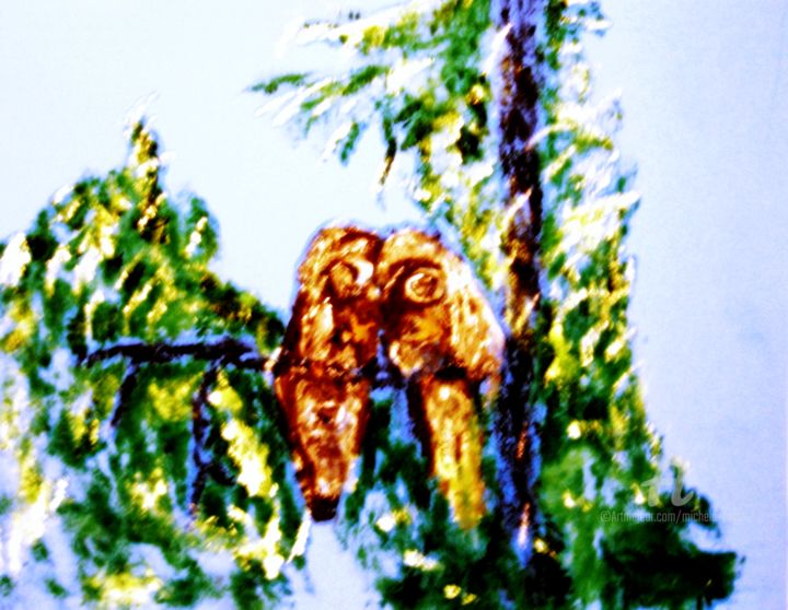 Картина под названием "Great Grey Owls" - Michela Curtis, Подлинное произведение искусства, Масло