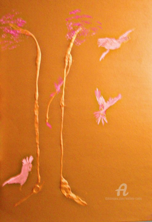 Painting titled "Parrots in the Gold…" by Michela Curtis, Original Artwork, Oil Mounted on Other rigid panel