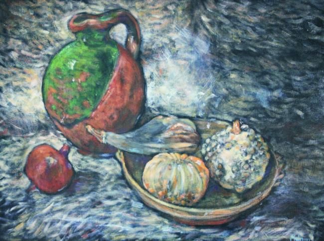 Painting titled "Nature morte à la c…" by Michel Adam, Original Artwork, Oil