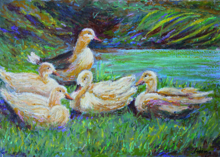 Pittura intitolato "La mare aux canards" da Michel Adam, Opera d'arte originale, Olio