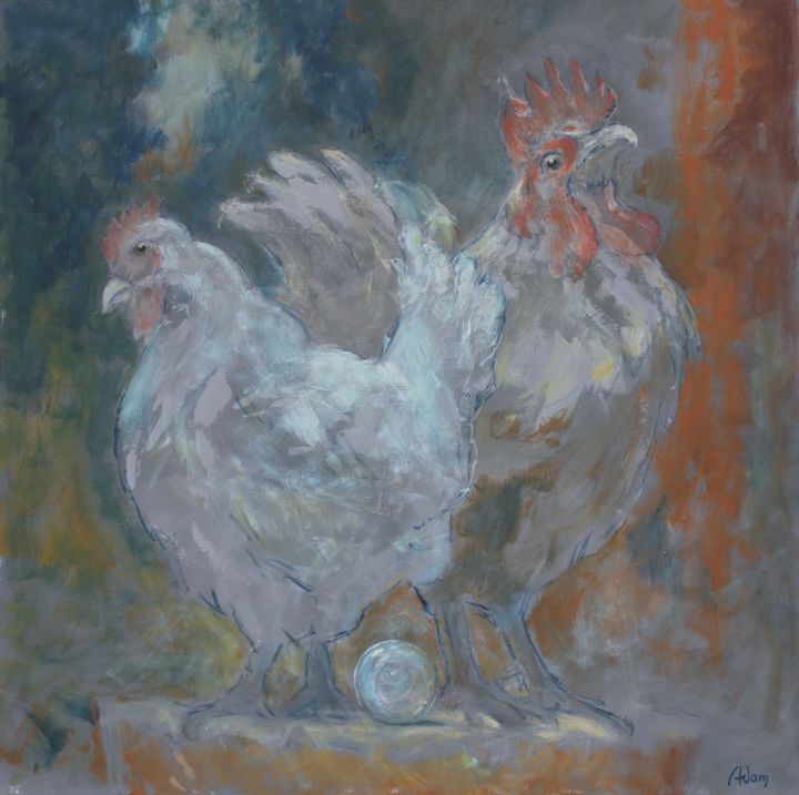 Schilderij getiteld "Oeuf Neuf ou la Fer…" door Michel Adam, Origineel Kunstwerk, Acryl