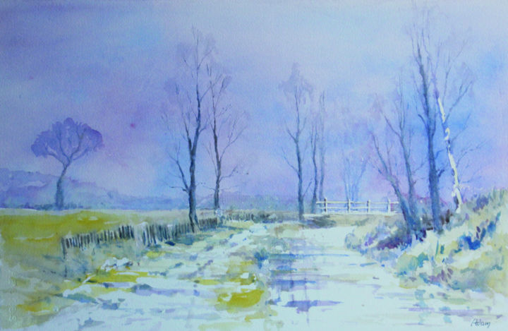 Painting titled "Un matin hivernal" by Michel Adam, Original Artwork, Watercolor