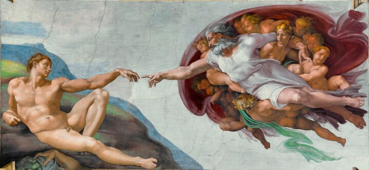 「La création d'Adam」というタイトルの絵画 Michelangeloによって, オリジナルのアートワーク, テンペラ