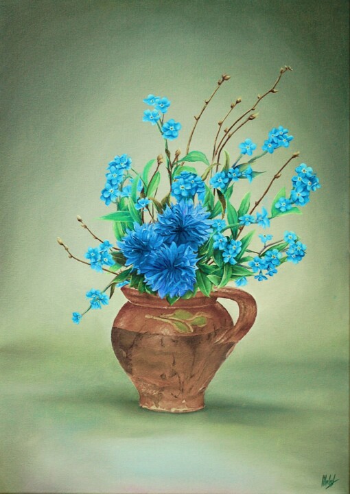 Schilderij getiteld "Vaso con Fiori Blu" door Michelangelo Rossi, Origineel Kunstwerk, Olie