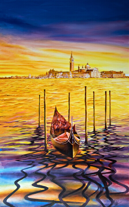 Painting titled "Tramonto a Venezia" by Michelangelo Rossi, Original Artwork, Acrylic Mounted on Wood Stretcher frame