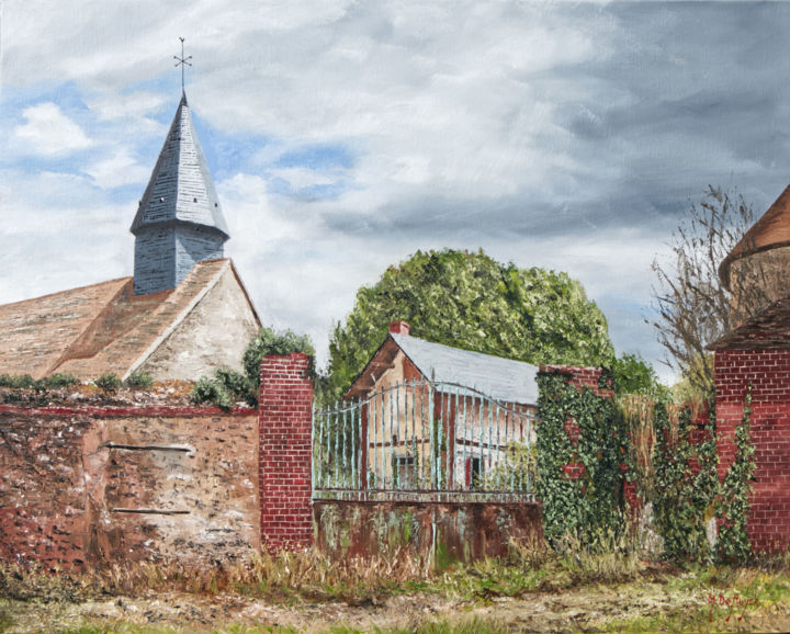 Painting titled "Grille et l'église…" by Michel De Ruyck, Original Artwork, Oil Mounted on Wood Stretcher frame