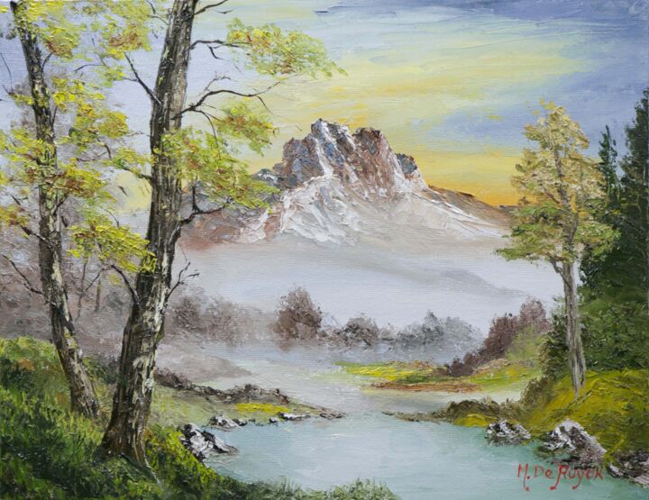 Peinture intitulée "Vue sur la montagne" par Michel De Ruyck, Œuvre d'art originale, Huile Monté sur Carton