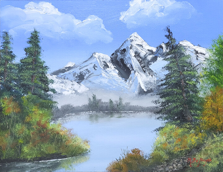 Painting titled "Montagne et lac n°3" by Michel De Ruyck, Original Artwork, Oil Mounted on Wood Stretcher frame