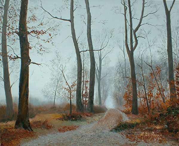 Pittura intitolato "chemin forestier" da Michel De Ruyck, Opera d'arte originale, Olio