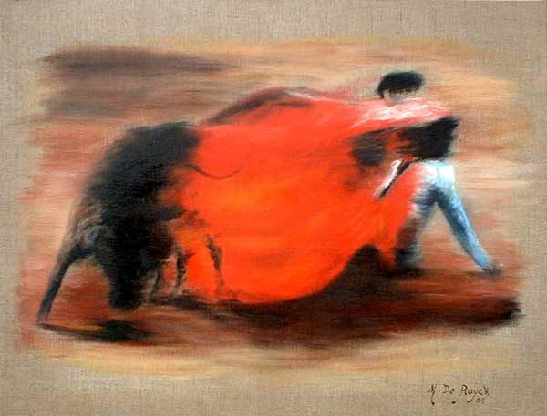Painting titled "course de taureau" by Michel De Ruyck, Original Artwork, Oil