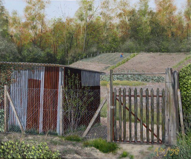 Peinture intitulée "la cabanne de jardin" par Michel De Ruyck, Œuvre d'art originale, Huile