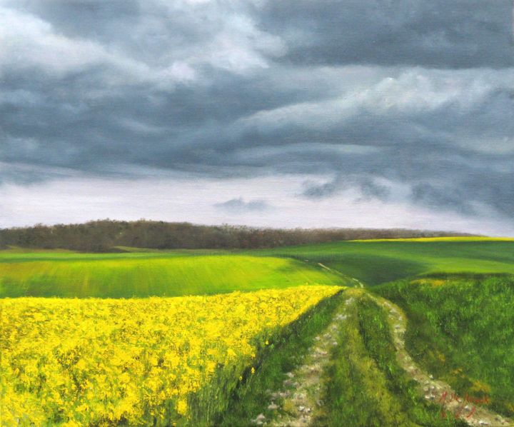 Schilderij getiteld "Colza sous un ciel…" door Michel De Ruyck, Origineel Kunstwerk