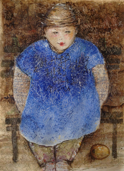 Painting titled "Bleue, gribouillis" by Michèle Attia, Original Artwork