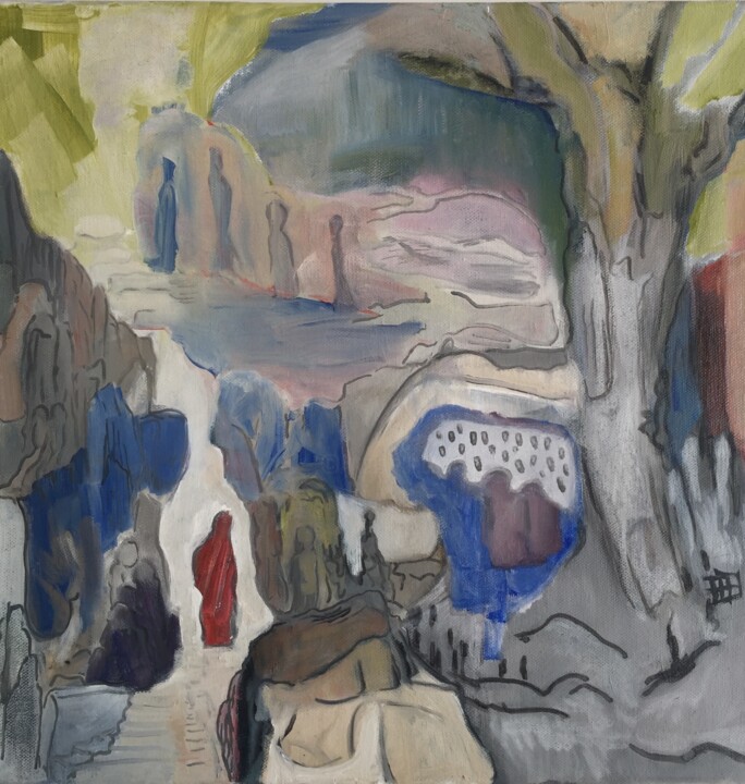 Peinture intitulée "Le mont Wudan" par Michèle Bachelet, Œuvre d'art originale, Huile Monté sur Châssis en bois