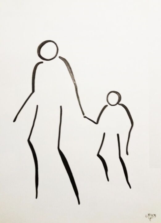 Dessin intitulée "Balade avec Grand-P…" par Michèle Baylet-Brunet, Œuvre d'art originale, Encre