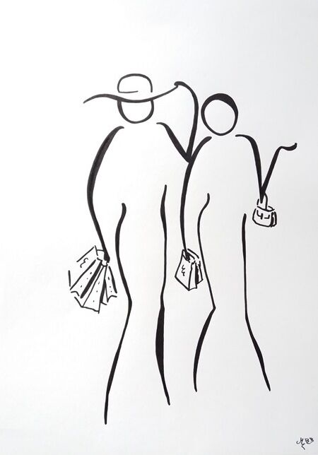 Dessin intitulée "Shopping entre copi…" par Michèle Baylet-Brunet, Œuvre d'art originale, Encre