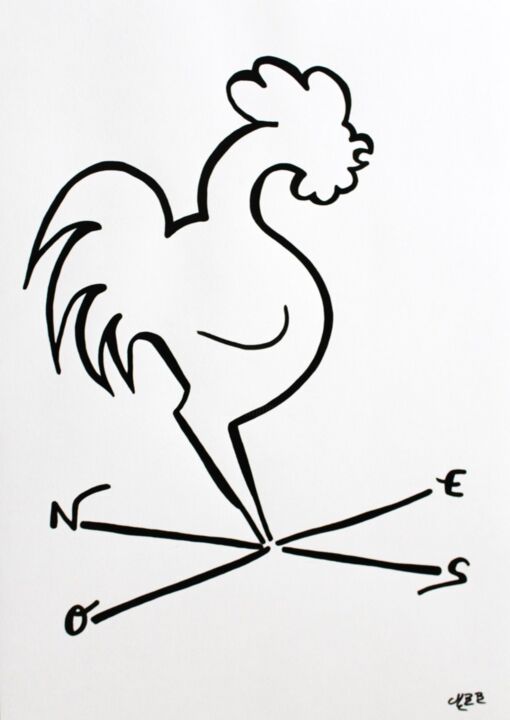 Disegno intitolato "Coq au vent" da Michèle Baylet-Brunet, Opera d'arte originale, Inchiostro