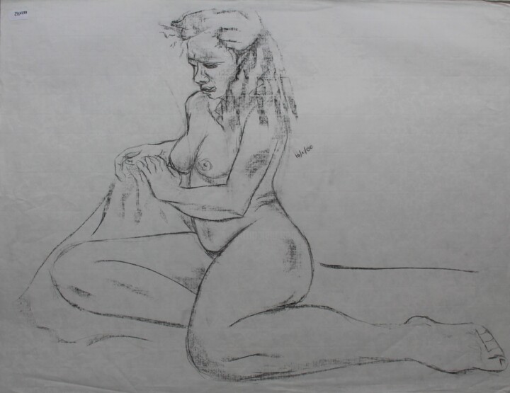 Drawing titled "Jeune femme aux cou…" by Michèle Baylet-Brunet, Original Artwork, Charcoal