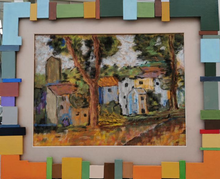 Painting titled "Village de Dordogne" by Michèle Cerbello (Pastelliste), Original Artwork, Pastel Mounted on Cardboard