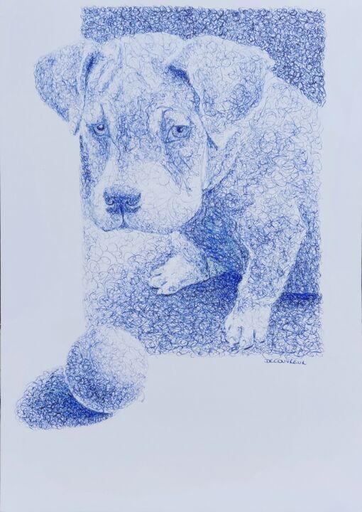Drawing titled "Boule" by Michèle Decouvreur, Original Artwork, Ballpoint pen Mounted on Other rigid panel