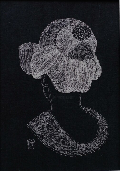 Textilkunst mit dem Titel "KANA habileté dexté…" von Michèle Duvillet, Original-Kunstwerk, Faden Auf Karton montiert