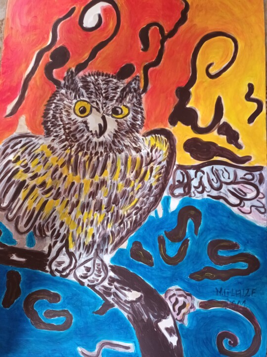 Painting titled "HIBOU" by Michele Glaize, Original Artwork, Acrylic