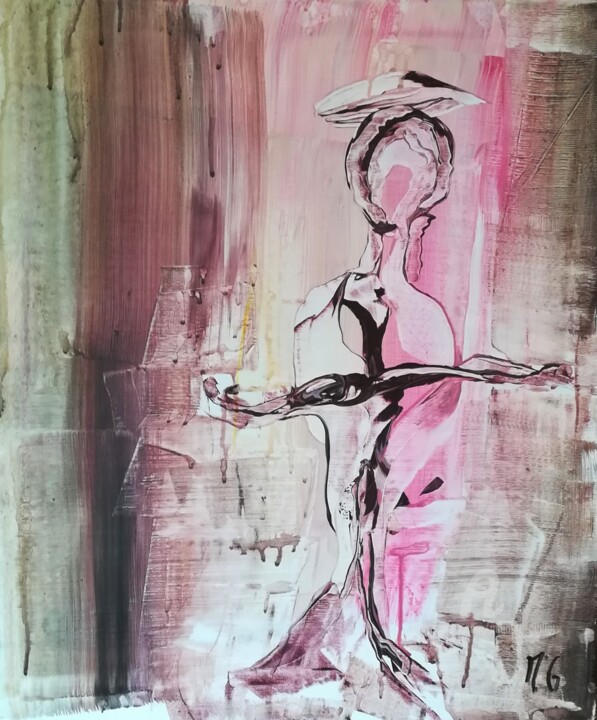Painting titled "LA FEMME EN ROSE /…" by Michele Guillot, Original Artwork, Acrylic Mounted on Wood Stretcher frame