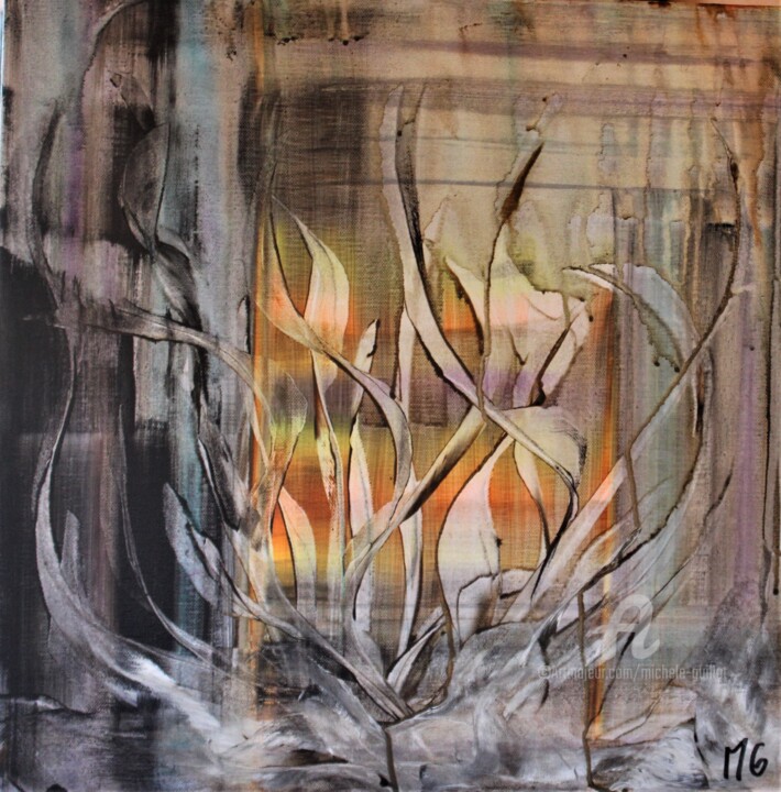 Painting titled "FLAMMES-FLEURS/ FLA…" by Michele Guillot, Original Artwork, Acrylic Mounted on Wood Stretcher frame