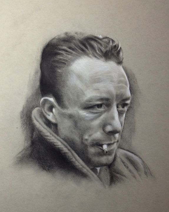 Zeichnungen mit dem Titel "Albert Camus" von Michèle Rais, Original-Kunstwerk, Kohle