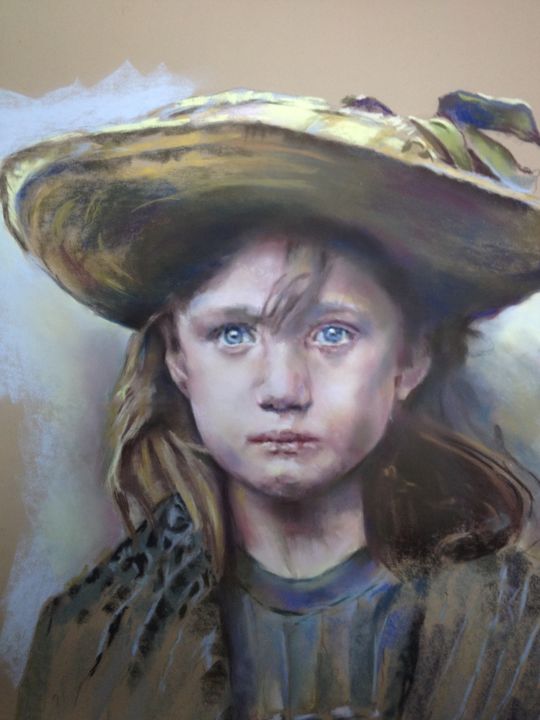 Картина под названием "Petite fille au cha…" - Michèle Rais, Подлинное произведение искусства, Пастель