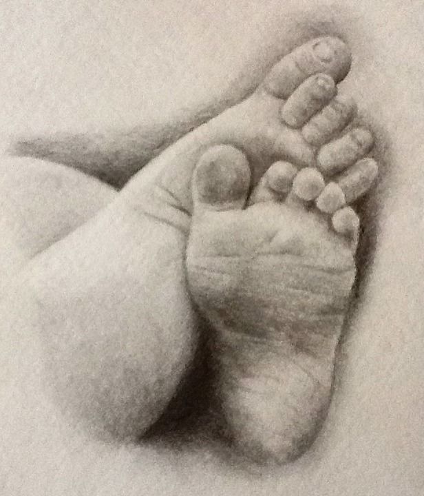 Dessin intitulée "Petits pieds de Lou" par Michèle Rais, Œuvre d'art originale, Graphite