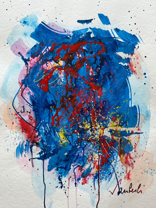 Schilderij getiteld "Blue" door Michèle Sauberli, Origineel Kunstwerk, Tempera