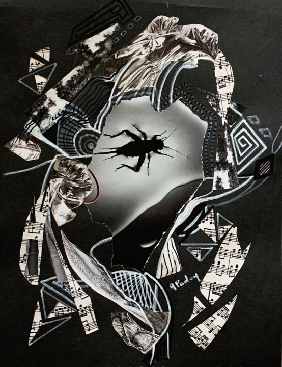 Collages intitulée "Le grillon prisonni…" par Michèle Padoy, Œuvre d'art originale, Marqueur Monté sur Carton