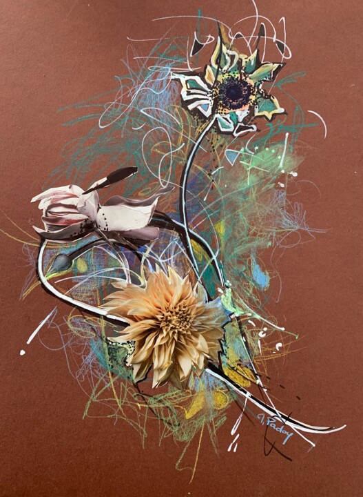 Картина под названием "La danse des fleurs" - Michèle Padoy, Подлинное произведение искусства, Коллажи