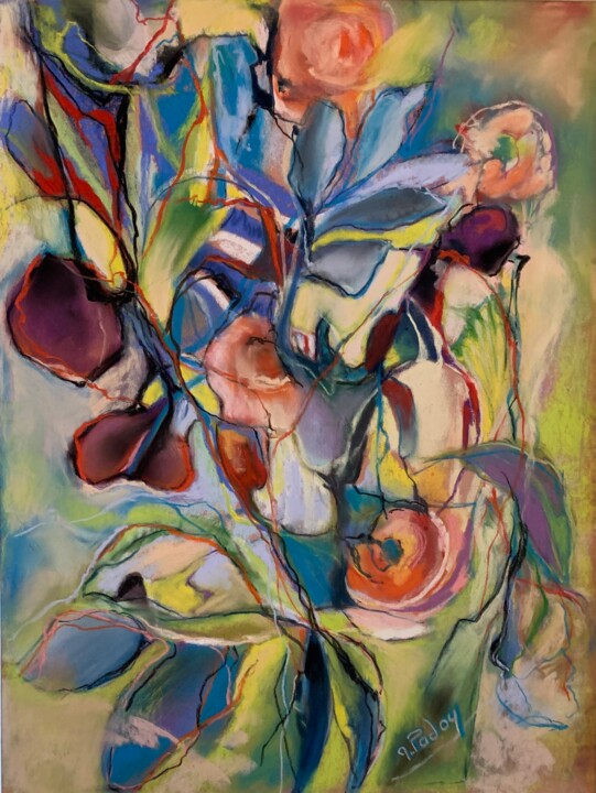 Painting titled "Prunes et roses" by Michèle Padoy, Original Artwork, Pastel