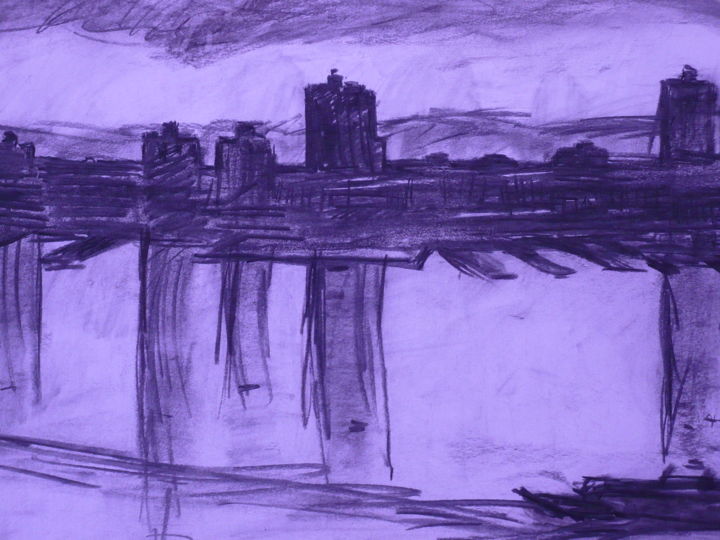 Drawing titled "Hudson River" by Michèle Dutruel-Dandelot, Original Artwork, Charcoal