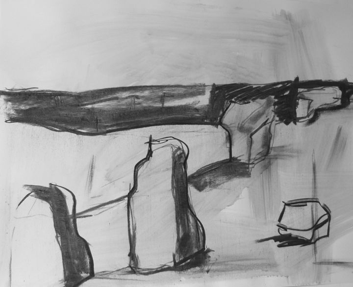 「Menhirs n° 2」というタイトルの描画 Michèle Dutruel-Dandelotによって, オリジナルのアートワーク, 木炭