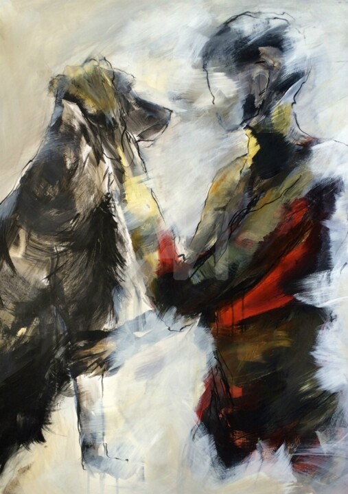 Peinture intitulée "Mtoto Na Mbwa" par Michèle Debrez, Œuvre d'art originale,