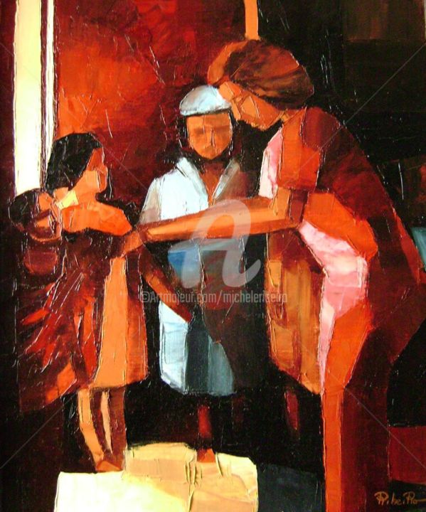 Peinture intitulée "Femme avec enfants" par Michèle Ribeiro, Œuvre d'art originale, Huile