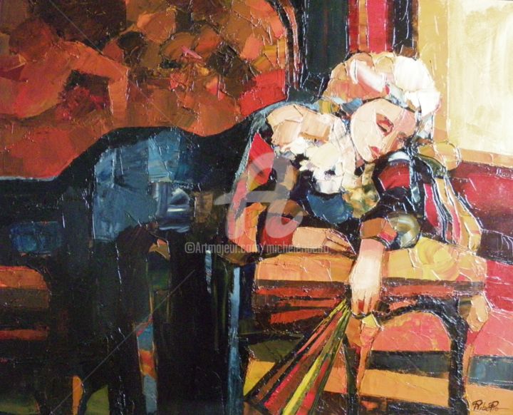 Картина под названием "Vénitienne à l'éven…" - Michèle Ribeiro, Подлинное произведение искусства, Масло
