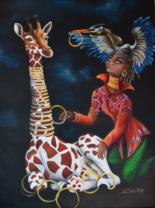 Painting titled "Girafe.jpg" by Michele Sevilla, Original Artwork, Oil Mounted on Wood Stretcher frame