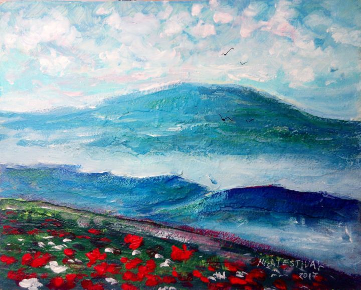 Painting titled "Montagne" by Michel Estival, Original Artwork, Acrylic