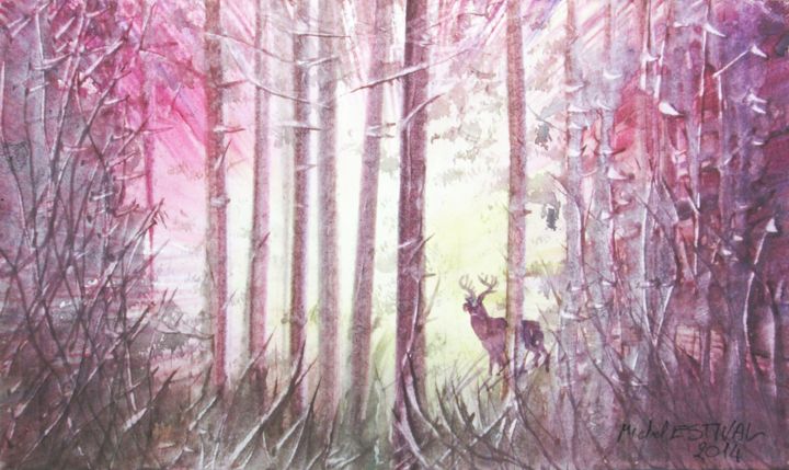 Painting titled "Solitaire" by Michel Estival, Original Artwork, Watercolor