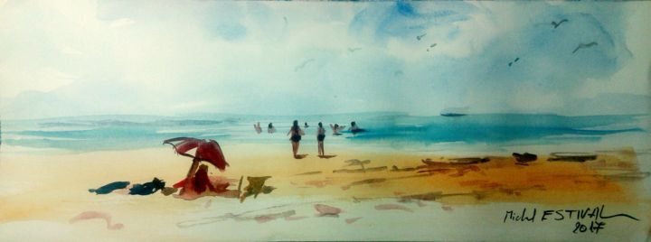 Pittura intitolato "La plage" da Michel Estival, Opera d'arte originale, Acquarello