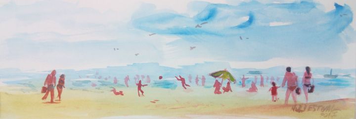 Painting titled "La plage" by Michel Estival, Original Artwork, Watercolor