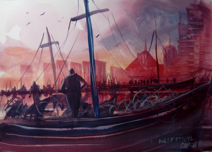 Painting titled "1708 10 Le port" by Michel Estival, Original Artwork, Watercolor